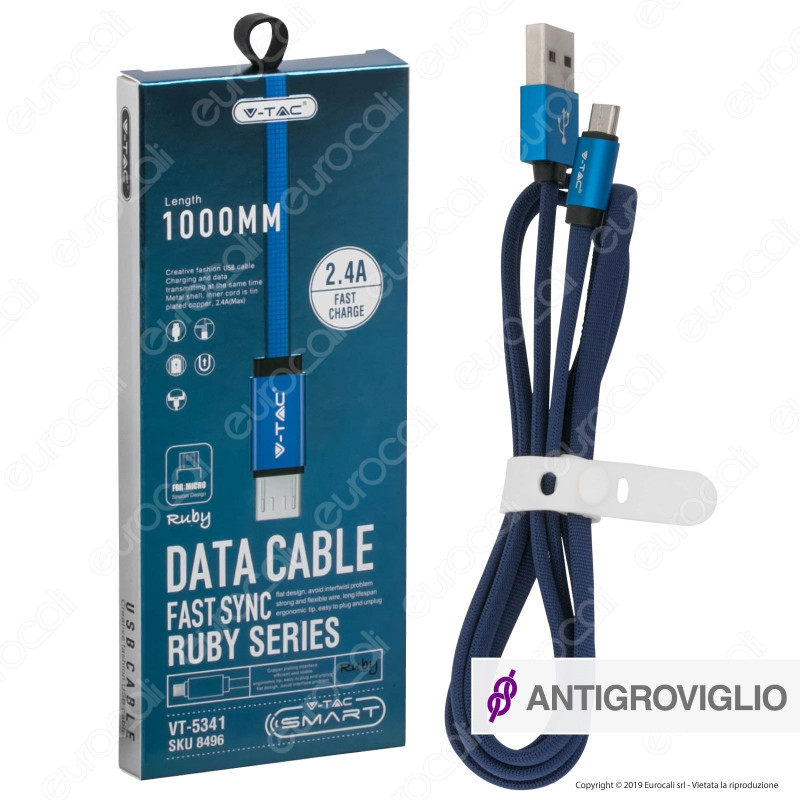 V-Tac VT-5341 Ruby Series USB Data Cable Micro USB Cavo in Corda Colore Nero 1m - SKU 8494