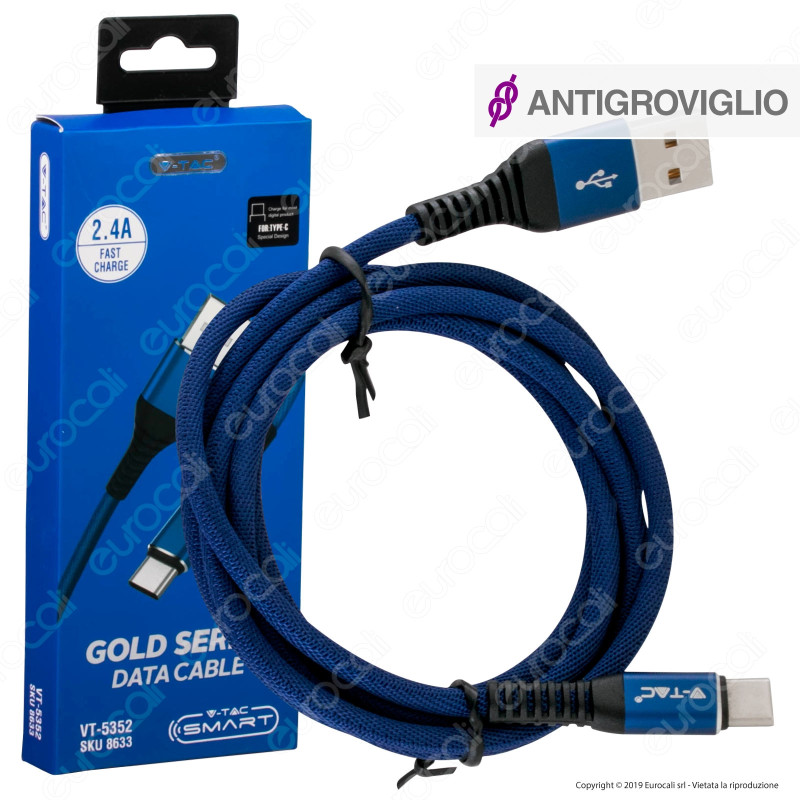 V-Tac VT-5352 Gold Series USB Data Cable Type-C Cavo in Corda Colore Blu 1m - SKU 8633