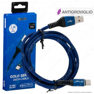 V-Tac VT-5352 Gold Series USB Data Cable Type-C Cavo in Corda Colore Blu 1m - SKU 8633
