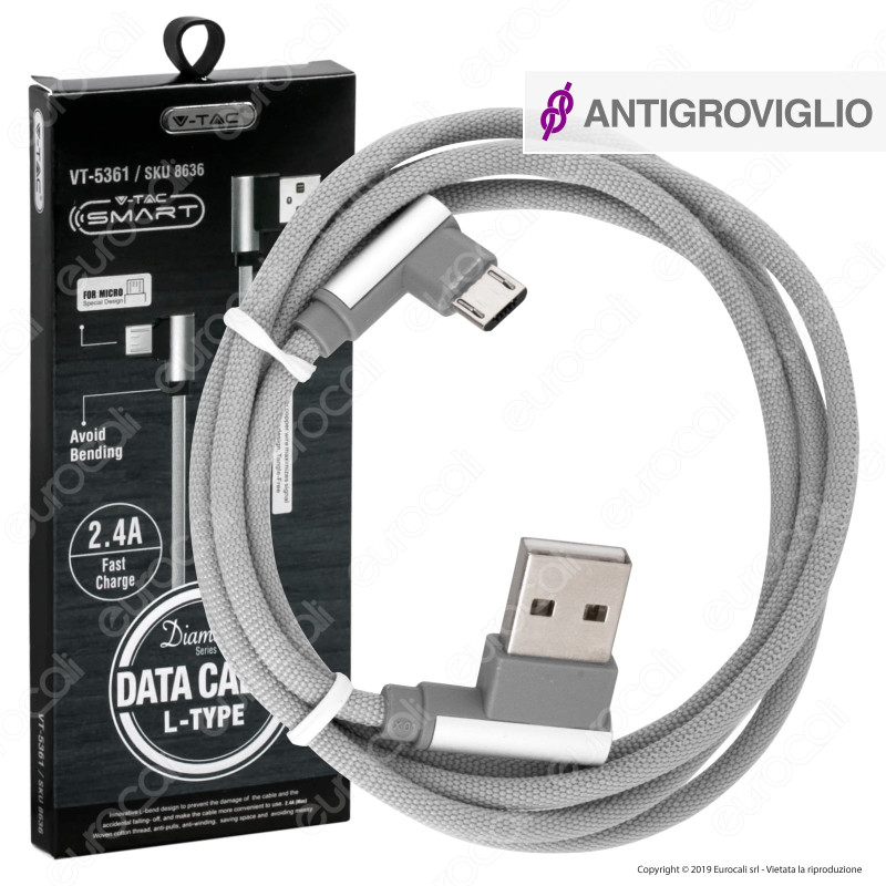 V-Tac VT-5361 Diamond Series USB Data Cable Micro USB Cavo in Corda Colore Grigio con Connettori a L 1m - SKU 8636