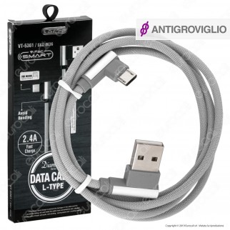 V-Tac VT-5361 Diamond Series USB Data Cable Micro USB Cavo in Corda Colore Grigio con Connettori a L 1m - SKU 8636