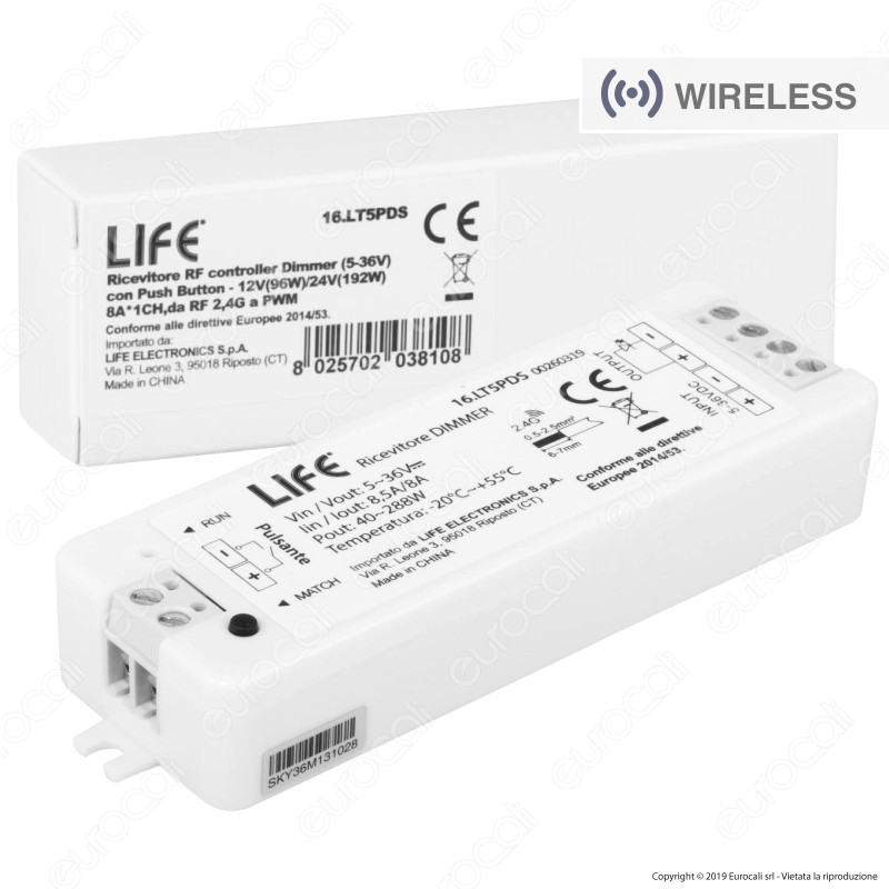 Life Controller Dimmer a zone strisce LED associabile a Telecomando e connessione pulsante cablato - mod. 16.LT5PDS