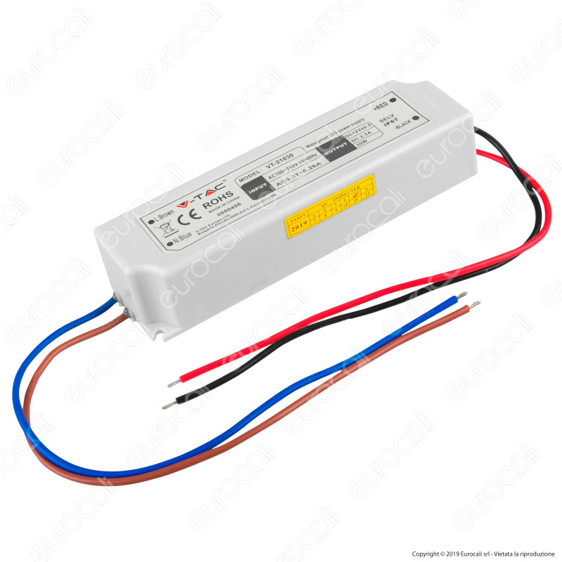 V-Tac VT-21030 Alimentatore 30W Impermeabile IP67 a 1 Uscita con Cavi a Saldare - SKU 3271