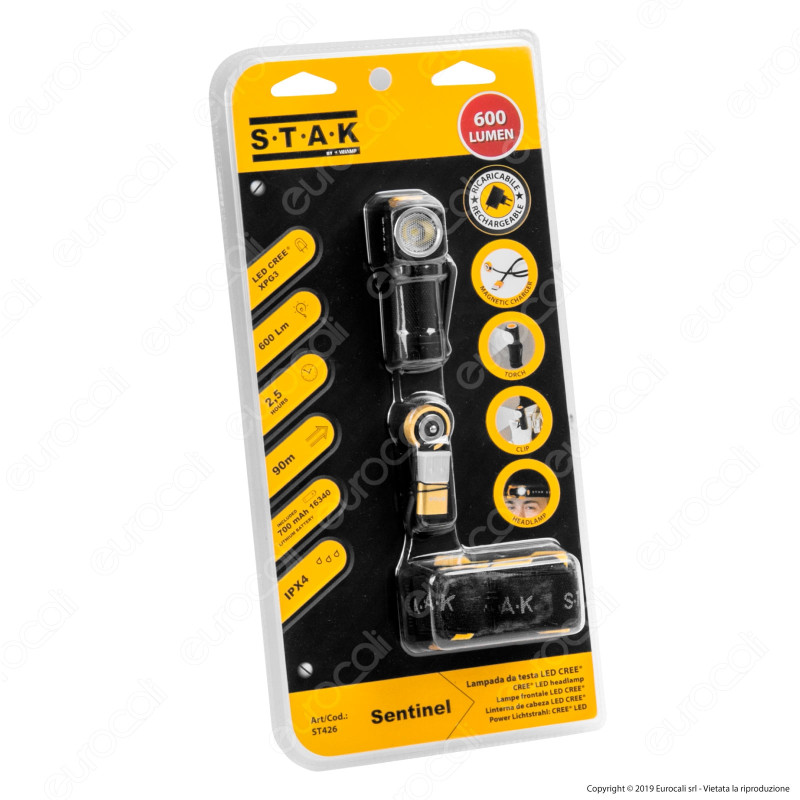Velamp STAK Torcia LED Headlight Multifunzione Ricarica USB - Torcia Frontale - mod. ST426