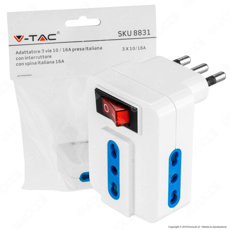 V-Tac Multipresa Adattatore Triplo a 3 Vie 10/16A Italiana con Interruttore