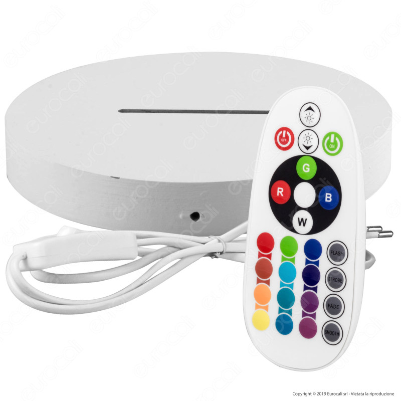 Base in Legno con Striscia LED RGB+W e Telecomando per Placche in Plexiglass Incise al Laser - Made in Italy