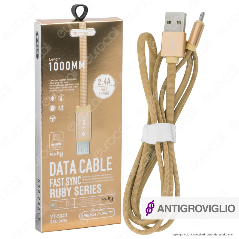 V-Tac VT-5341 Ruby Series USB Data Cable Micro USB Cavo in Corda Colore Oro 1m - SKU 8495