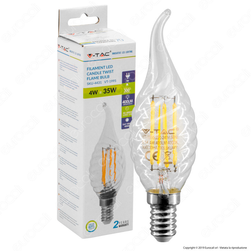 V-Tac VT-1995 Lampadina LED E14 4W Candela Fiamma Twist Filamento -
