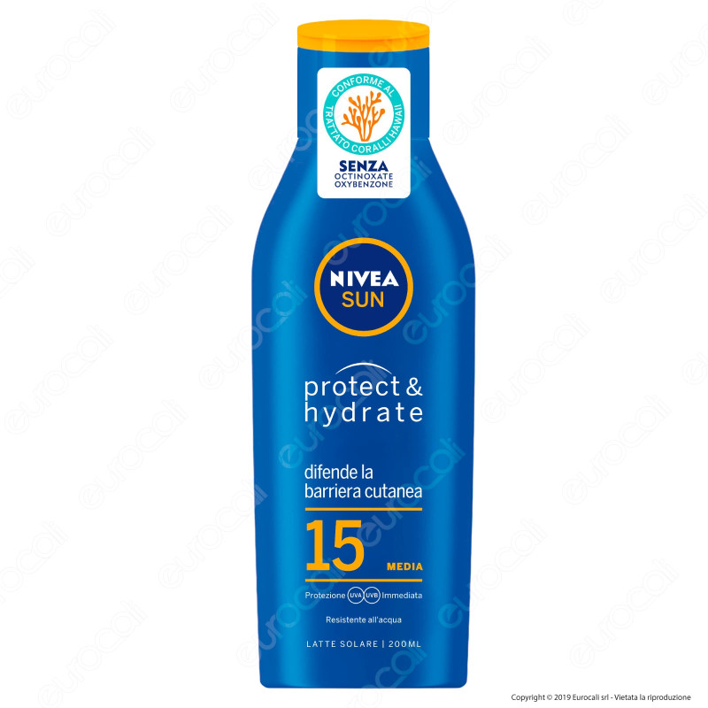 Nivea Sun Latte Solare Protect & Hydrate Crema Idratante Resistente all'Acqua FP 15 - Flacone da 200ml