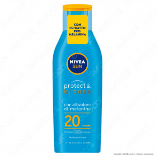 Nivea Sun Latte Solare Protect & Bronze Pro-Melanina Idratante Resistente all'Acqua FP 20 - Flacone da 200ml