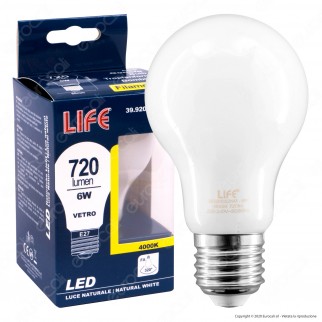 Life Lampadina LED E27 Filament 6W Bulb A60 Milky Vetro Bianco - mod.
