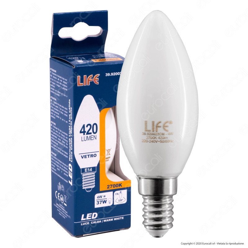 Life Lampadina LED E14 Filament 4W Candela Vetro Bianco - mod.