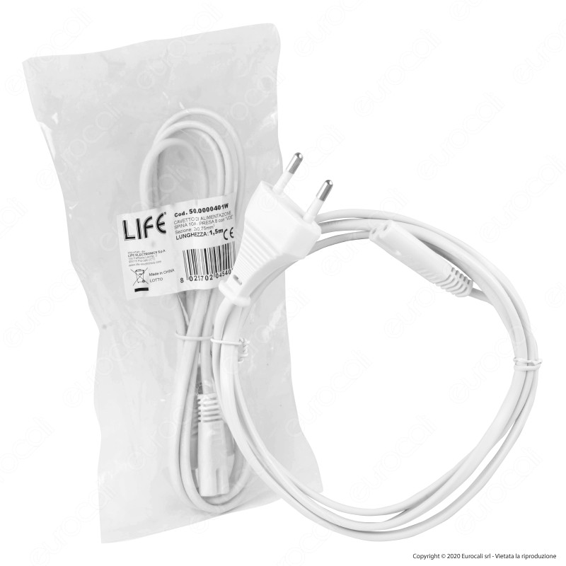 Life Cavo di Alimentazione Bianco da 1,5 Metri con Presa 8 C7 e Spina