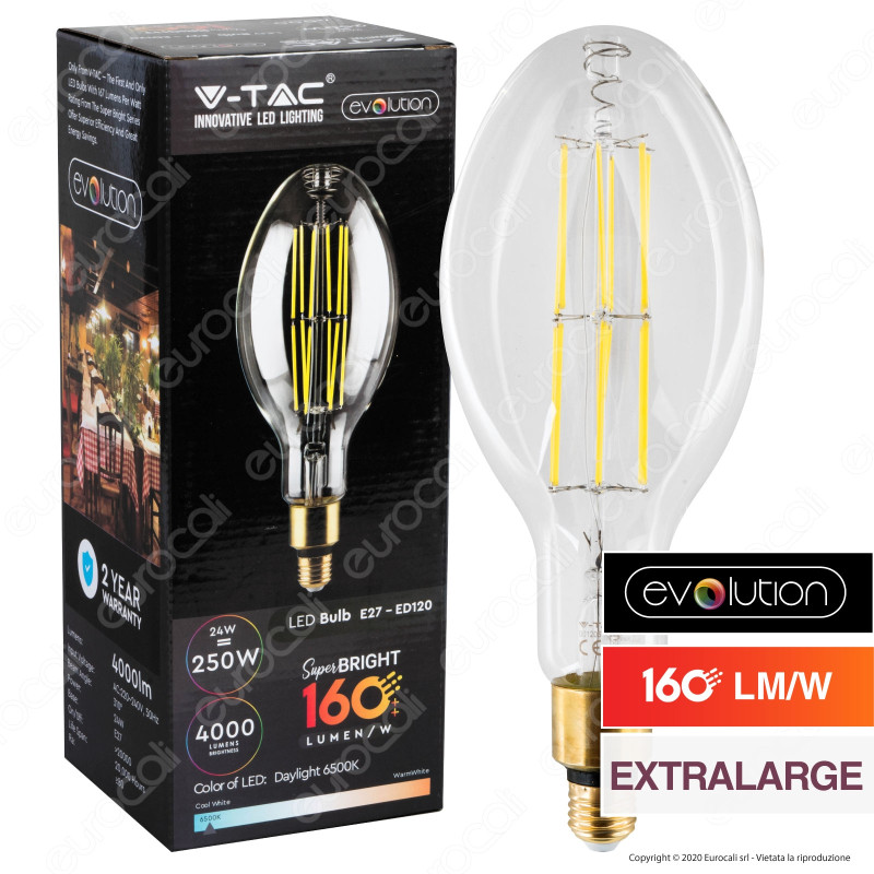 V-Tac Evolution VT-2324 Lampadina LED Filament E27 24W Bulb ED120