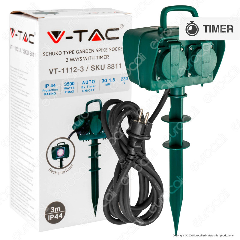 V-Tac VT-1112-3 Multipresa IP44 2 Posti con Prese Schuko da Giardino