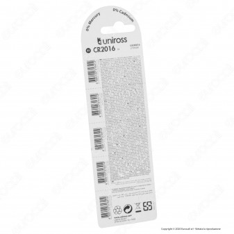 Uniross Lithium Pile al Litio CR2016 3V - Blister da 5 Batterie