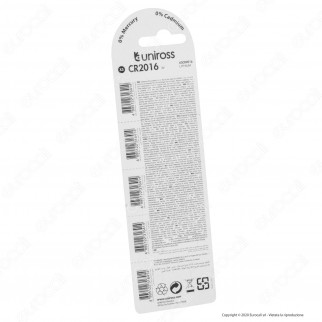 Uniross Lithium Pile al Litio CR2016 3V - Blister da 5 Batterie