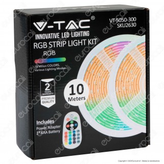V-Tac VT-5050-300 Kit con Striscia LED 5050 4,8W 12V Multicolore RGB 10mt Controller e Alimentatore