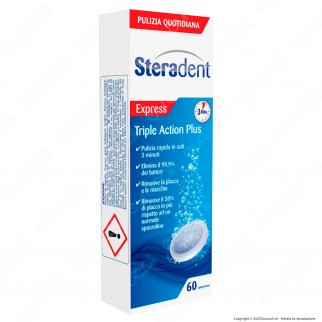 Steradent Express Triple Action per la Pulizia della Dentiera - Confezione da 60 Compresse