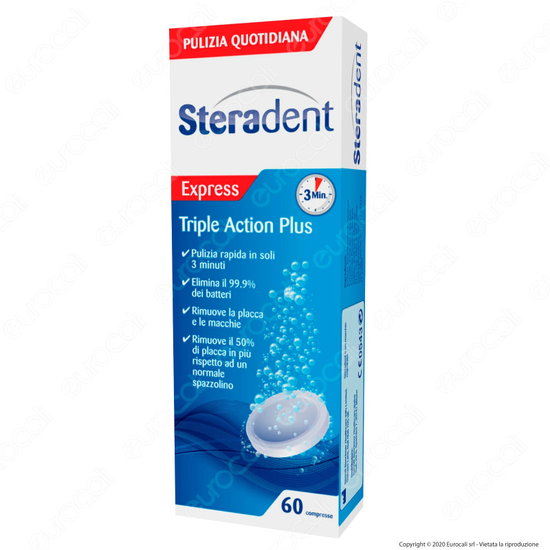 Steradent Express Triple Action per la Pulizia della Dentiera - Confezione da 60 Compresse