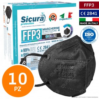 Sicura Protection 10 Mascherine Protettive Colore Nero Elastici Neri