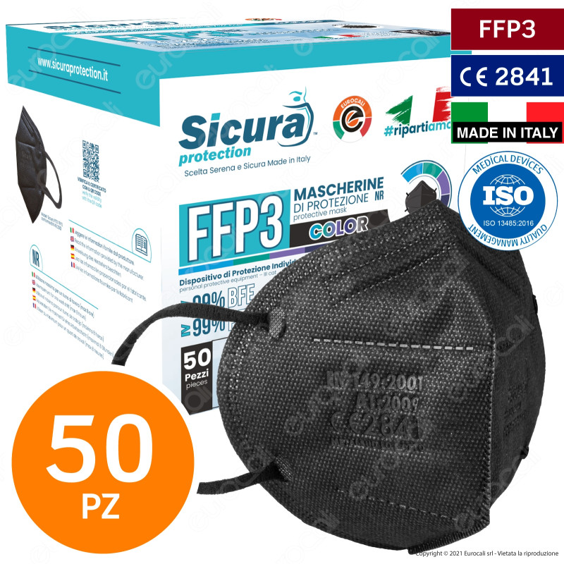Sicura Protection 50 Mascherine Protettive Colore Nero Elastici Neri