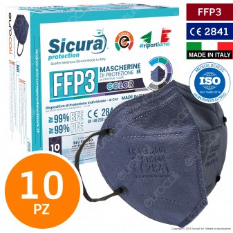 Sicura Protection 10 Mascherine Protettive Colore Blu Elastici Neri