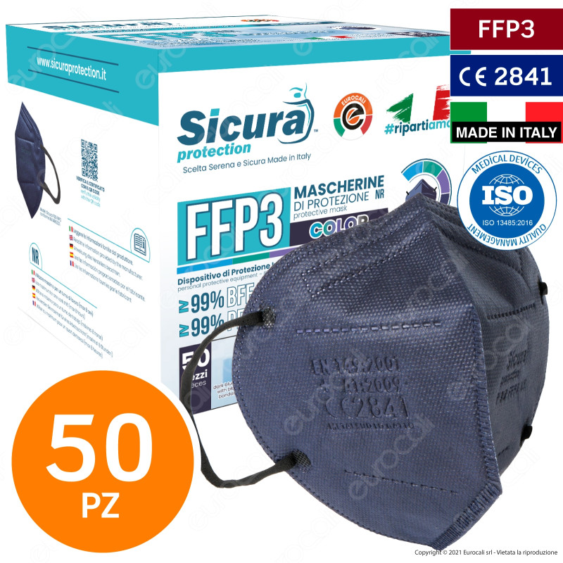 Sicura Protection 50 Mascherine Protettive Colore Blu Elastici Neri