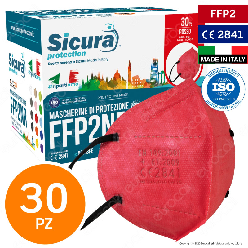 Sicura Protection 30 Mascherine Protettive Colore Rosso Elastici Neri