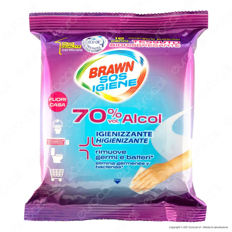 Brawn SOS Igiene Panni Detergenti e Igienizzanti 70% Alcol -