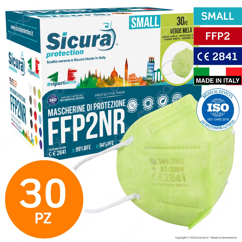 Sicura Protection 30 Mascherine Small Colore Verde Mela Elastici