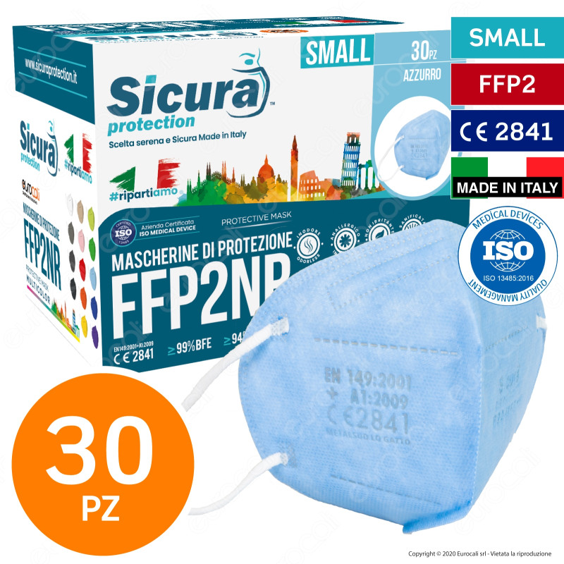 Sicura Protection 30 Mascherine Small Colore Azzurro Elastici Bianchi